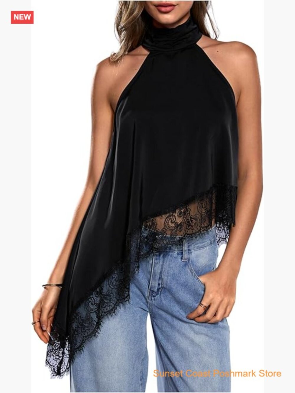 Women's Halter Neck Sleeveless Lace Asymmetrical Tank Top